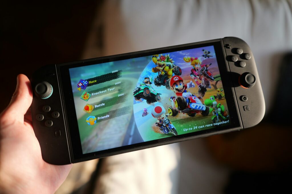 Someone is playing mario kart on a nintendo switch.